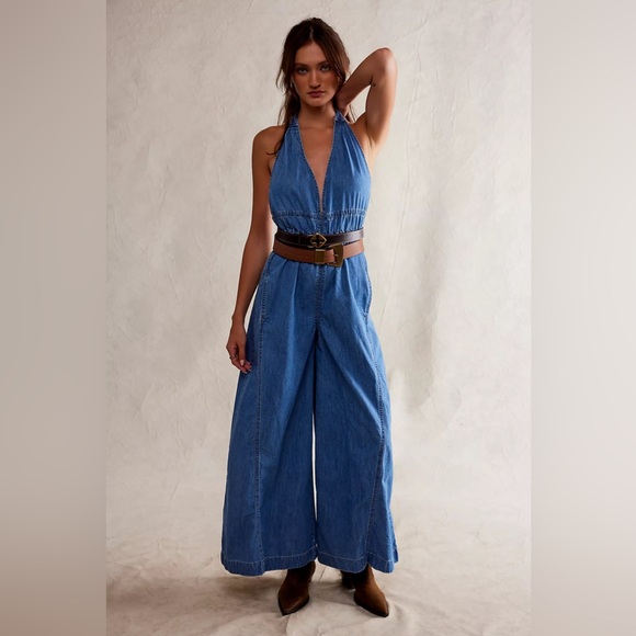 NWOT Free People Sunrays Denim Halter Jumpsuit - Picture 9 of 9